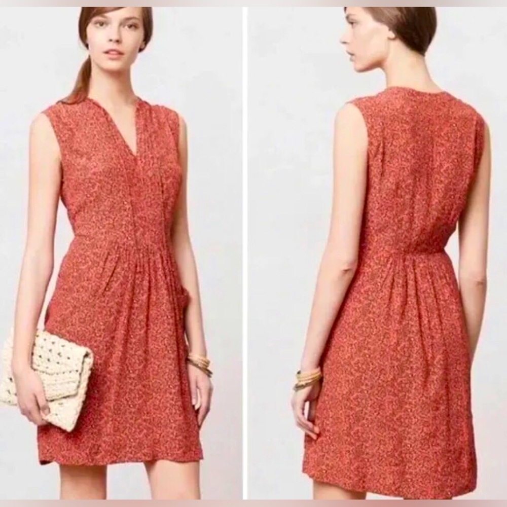 Anthropologie Lil Dress First Blush Size 8 Coral Print Rayon Pintucked Pockets